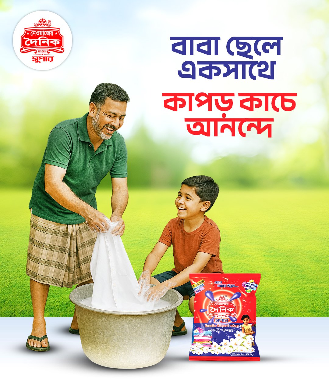 Softener, long lasting fragrance. Use a white shirt on a blue sky background surrounded by pink flowers, reflecting the soft fragrance. Realistic vector file.